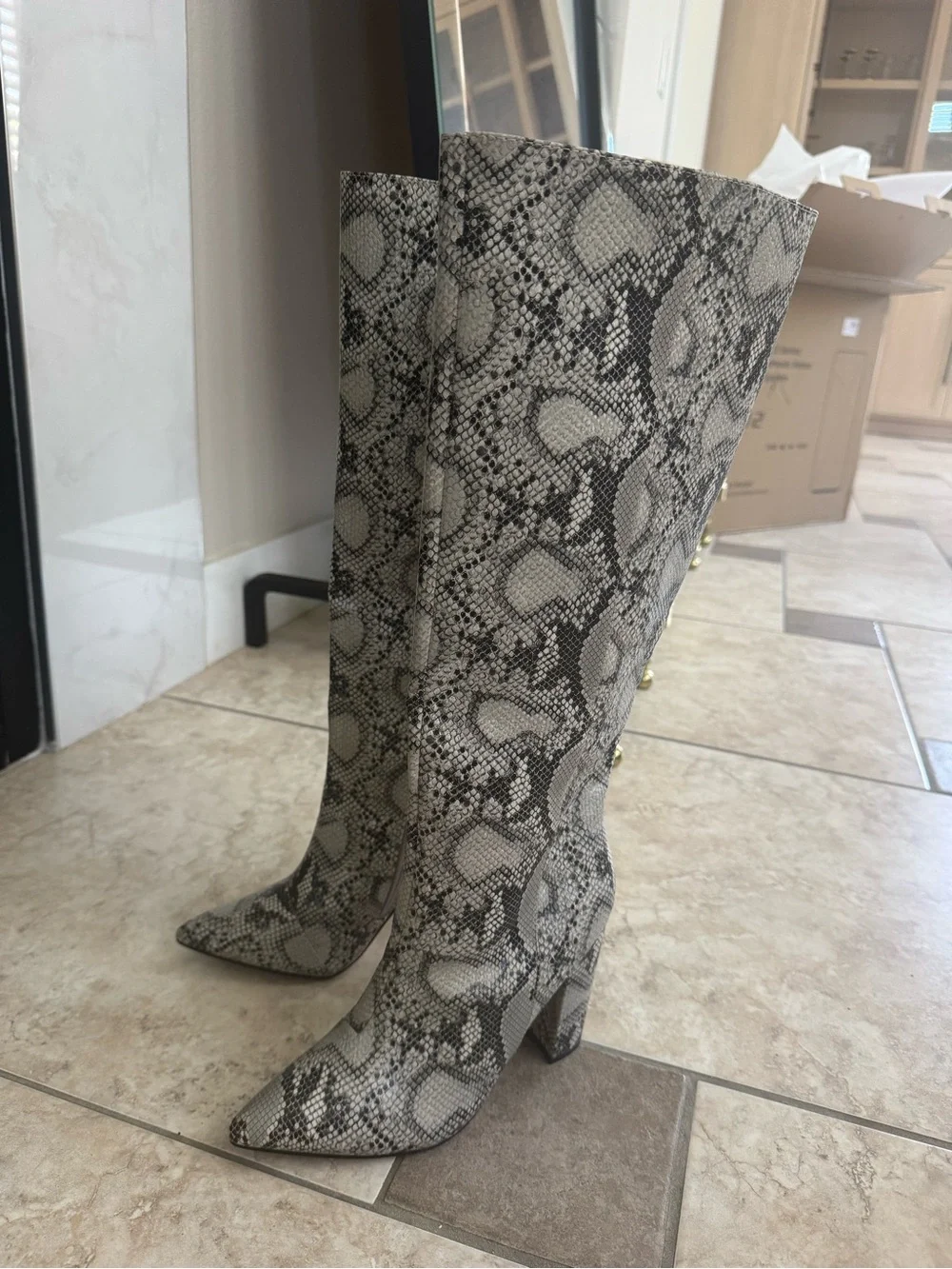 Over-the-Knee Snake-Print Pointed Toe Boots - Gray